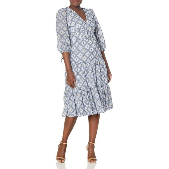 Calvin Klein Dress Blue Floral Tiered Midi Tie 3/4 Sleeve V Neck - Picture 1 of 14